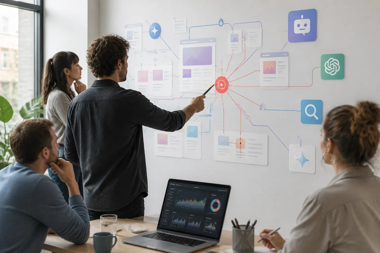 team in creatieve studio bekijkt groot scherm met AI-kaart van website en vindbaarheidsgrafieken