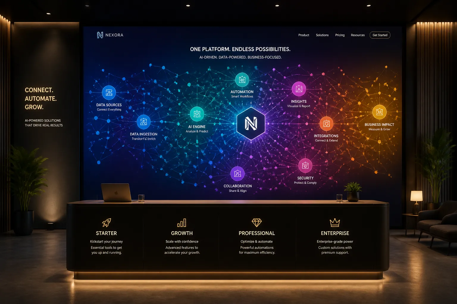 grote wandprojectie met kleurrijke ai-kaart vol verbonden knooppunten in een luxe presentatieruimte